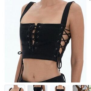 Denim Top - Black Lace-Up Crop Top